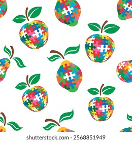 Colorful seamless fruit puzzle pattern on a white background vector.