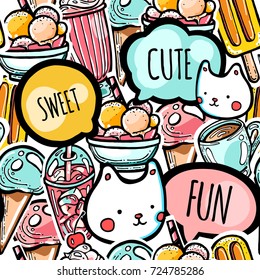 Colorful seamless fun pattern with cats. Ice creams, coffee, milkshake, cocktail and speech bubbles with phrases sweet, cute, fun. Sticker line art design for web or print background.