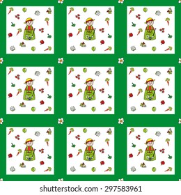 Colorful seamless with gardener and vegetables on white background. Can be used for wallpaper for children's rooms, web page background, wrapping paper.