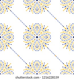 Colorful seamless garlands pattern of  dotted flowers, snowflakes, stars. Mosaic lattice of blue, yellow, orange dots. Floral print of beads in trellis. Vector Illustration.
