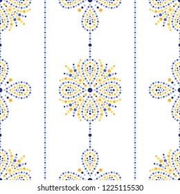 Colorful seamless garlands pattern of dotted flowers, snowflakes, stars. Mosaic lattice of blue, yellow, orange dots. Floral print of beads in trellis. Vector Illustration.