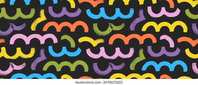 Colorful seamless geometric pattern with bold wavy lines. Abstract wavy geometric texture. Hand drawn rough thick curved lines and shapes. Childish simple vector design. Arches shapes with dry texture