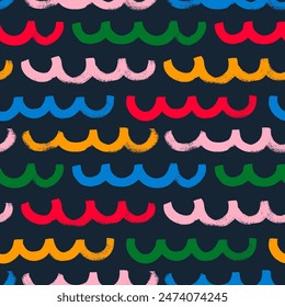 Colorful seamless geometric pattern with bold wavy lines. Abstract wavy geometric texture. Hand drawn rough thick curved lines and shapes. Childish simple vector design. Arches shapes with dry texture