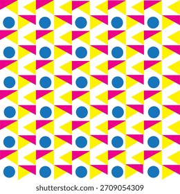Modelo geométrico inconsútil colorido con los triángulos brillantes y los círculos azules audaces, perfecto para el diseño moderno, las impresiones textiles, el empaquetado, los Fondos de pantalla, y los fondos abstractos elegantes.
