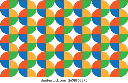 Colorful seamless geometric pattern with circular shapes in orange, green, blue, and yellow tones on a white background, ideal for retro designs, digital art, prints, and vibrant backgrounds