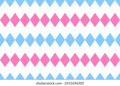 Colorful seamless geometric pattern featuring alternating pink and blue diamonds in horizontal rows on a white background. Perfect for modern, playful designs and creative projects.