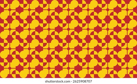 Modelo geométrico inconsútil colorido que presenta Formas circulares y cuadradas en un esquema de color rojo y amarillo audaz. Inspirado en la estética retro y pop art, perfecto para fondos, textiles, Fondos de pantalla