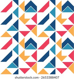 Padrão geométrico contínuo colorido com triângulos e formas angulares em um layout em negrito e abstrato com tons de vermelho, azul, azul escuro e amarelo.