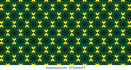 A colorful, seamless geometric pattern featuring modern green, yellow, and black floral shapes. Perfect for carpets and business presentations.