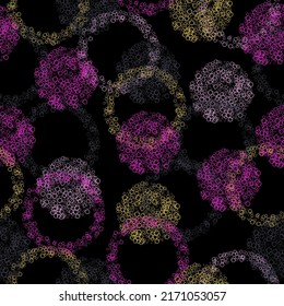 Colorful seamless geometric pattern with multicolored polka dots on a black background. Vector Vector illustration.