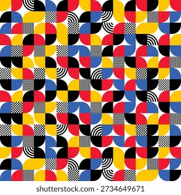 Colorful seamless geometric pattern in pop-art style featuring dotted and linear texture elements. Eps 10