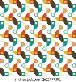 Colorful seamless geometric pattern with retro-style shapes including semi-circles, squares, and striped elements in teal, orange, mustard, and brown on a white background