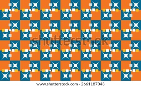 Colorful seamless geometric pattern with star-like shapes and bold orange background, in retro modern style