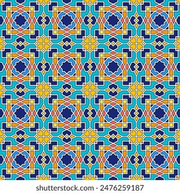 Buntes nahtloses geometrisches Muster mit traditionellem arabischen Linear. Vielseitiges Design für verschiedene kreative Projekte, geeignet für islamische Dekorationskunst, Fliesen, Textilien, Kulissen, Bildschirmhintergründe, etc.