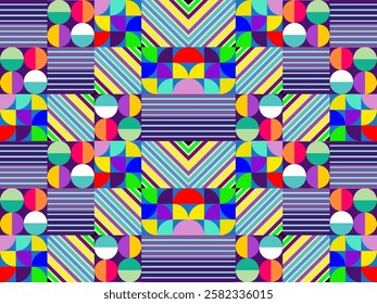 Colorful seamless geometric pattern with triangles and squares in a retro style