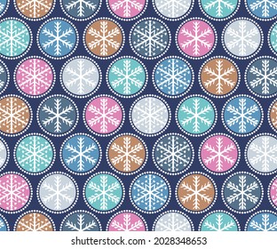 Colorful seamless geometric repeating snowflake vector pattern on blue background. Beautiful color vector illustration with a holiday winter subject.