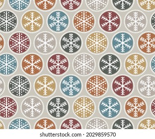 Colorful seamless geometric repeating snowflake vector pattern on grey background. Beautiful color vector illustration with a holiday winter subject.