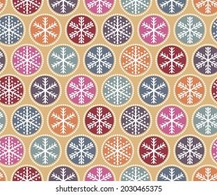 Colorful seamless geometric repeating snowflake vector pattern on yellow background. Beautiful color vector illustration with a holiday winter subject.