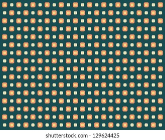 Colorful seamless geometric shape vector pattern with orange yellow square shapes with rounded corners set in chess order against dark green blue background with thin light green blue crossing lines