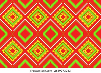 Patrón tribal geométrico inconsútil colorido en tonos rojos, verdes y amarillos. Inspirado en textiles étnicos y boho, perfecto para la moda, la tela o los fondos digitales