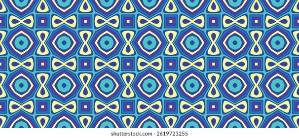 A colorful seamless geometric vector pattern featuring repeated diamond and hourglass shapes, layered with shades of blue, teal, purple, and yellow.