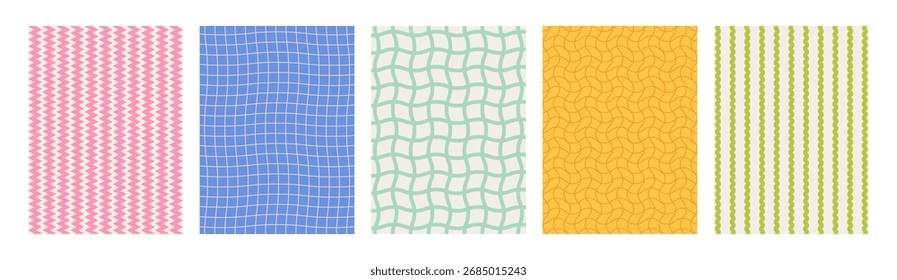 Conjunto colorido de padrões ondulados geométricos sem costura. Coleção de planos de fundo retro abstratos para projetos de design de capa, notebook ou criativo