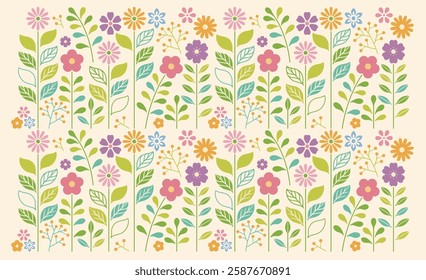 Colorful seamless graphic pattern with various floral motifs