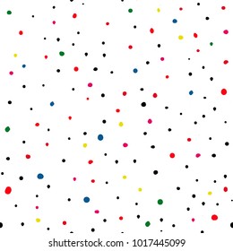 Colorful seamless hand drawn dot pattern, dots are isolated on white background. Vector illustration.