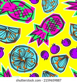 Colorful seamless hand drawn fruit pattern with orange and pineapple and blueberry on green background