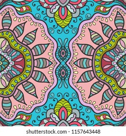 Colorful seamless hand drawn pattern, floral geometric doodle background. Decorative fantasy ornament. Design for book cover, invitation card, carpet, shawl, pillow. Abstract vector illustration