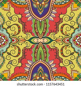 Colorful seamless hand drawn pattern, floral geometric doodle background. Decorative fantasy ornament. Design for book cover, invitation card, carpet, shawl, pillow. Abstract vector illustration