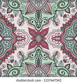 Colorful seamless hand drawn pattern, floral geometric doodle background. Decorative fantasy ornament. Design for book cover, invitation card, carpet, shawl, pillow. Abstract vector illustration