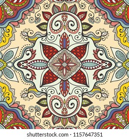 Colorful seamless hand drawn pattern, floral geometric doodle background. Decorative fantasy ornament. Design for book cover, invitation card, carpet, shawl, pillow. Abstract vector illustration