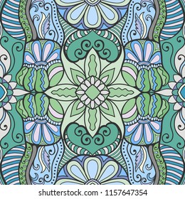 Colorful seamless hand drawn pattern, floral geometric doodle background. Decorative fantasy ornament. Design for book cover, invitation card, carpet, shawl, pillow. Abstract vector illustration