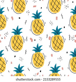 Colorful seamless hand drawn   pattern with pineapples on white background