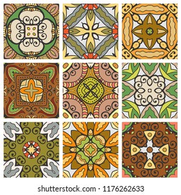Colorful seamless hand drawn patterns set, design elements. Repeating texture for textile fabric, paper print, doodle artistic collage background. Bandanna shawl geometric floral ornament ethnic decor