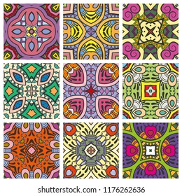 Colorful seamless hand drawn patterns set, design elements. Repeating texture for textile fabric, paper print, doodle artistic collage background. Bandanna shawl geometric floral ornament ethnic decor