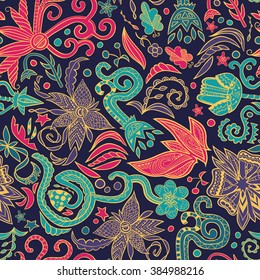 colorful seamless hand-drawn pattern, abstract floral background, EPS 8
