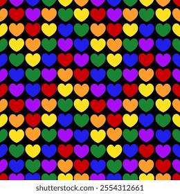 Colorful seamless heart pattern on black background. For supporting diverse love. Valentine's Day concept. Abstract Bactground. LGBTQ.