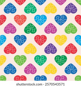 Colorful seamless hearts puzzles pattern on a white background vector.