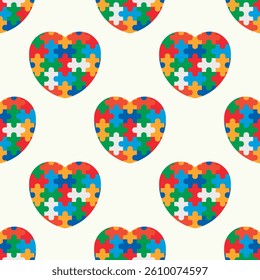 Colorful seamless hearts puzzles pattern on a white background vector.	