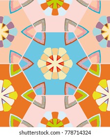 Colorful seamless hexagonal pattern. Abstract hand drawn art, repeating grunge texture. Tribal ethnic arabic, indian ornament. Vector patchwork quilt pattern. Textile fabric paper print