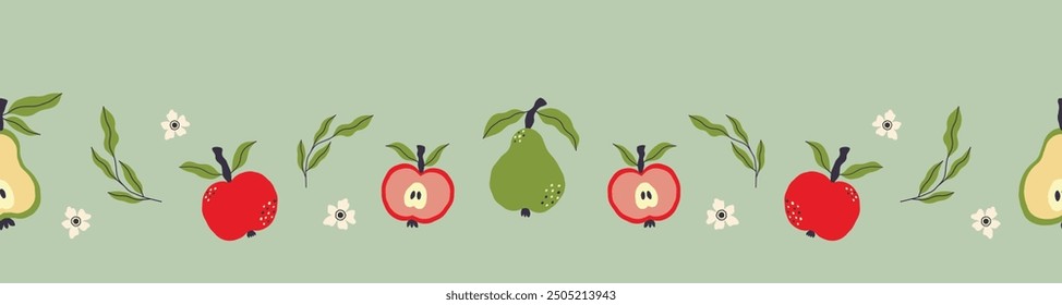 Colorful seamless horizontal pattern with apples, pears and flowers. Texture with juicy fruits and green leaves.