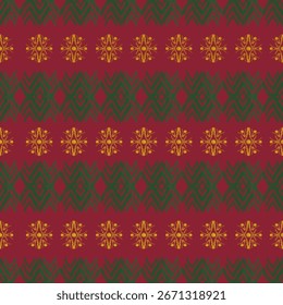 A colorful seamless ikat and ethnic-inspired pattern featuring bold geometric and floral motifs. Perfect for textiles, fabric prints, gift wrapping, digital backgrounds, scrapbook papers, and holiday-