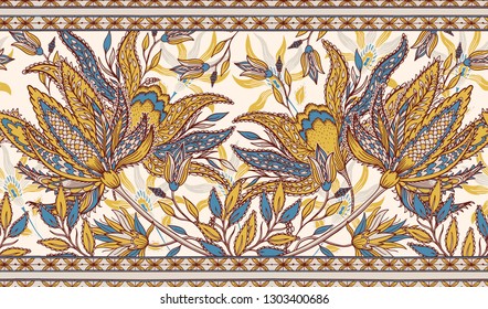 Colorful seamless indian pattern. Paisley ethnic Floral background. Stylized flowers, plants. Design for home decor, fabric, carpet, wrapping. Vector illustration