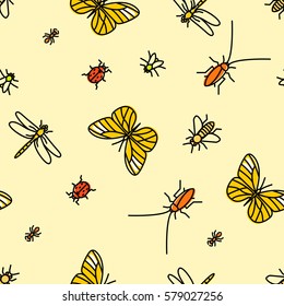 Colorful seamless insects pattern. Repeating vector illustration.