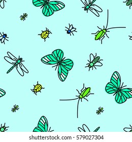 Colorful seamless insects pattern. Repeating vector illustration.