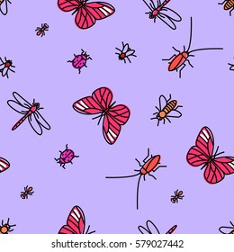Colorful seamless insects pattern. Repeating vector illustration.