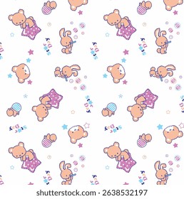 Colorful seamless kids pattern with cute animals and playful elements – perfect for children’s clothing, nursery decor, and wrapping paper designs