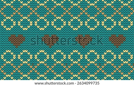 Colorful seamless knitted pattern with hearts and circular motifs. Perfect for winter, Valentine's Day, and cozy textile designs.